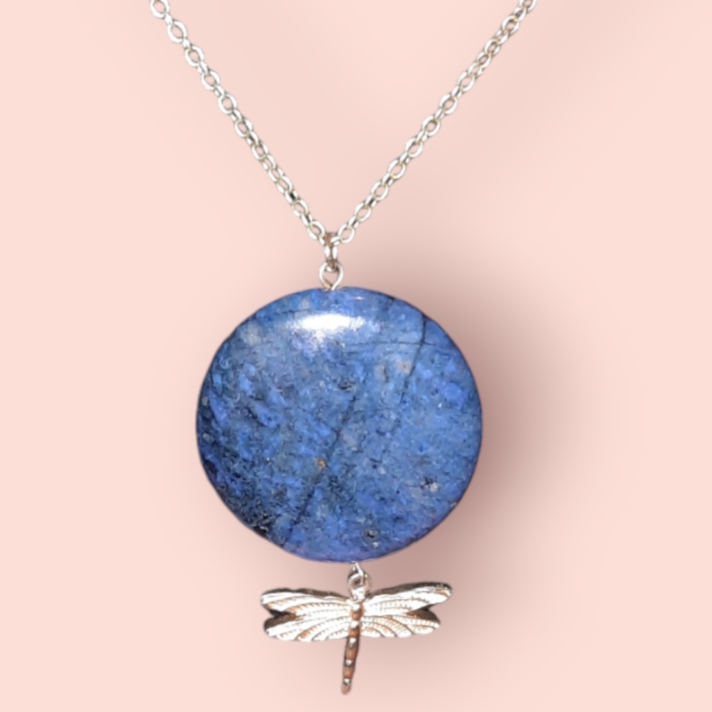 Deep blue gemstone dragonfly pendant on long goldtone chain adjustable